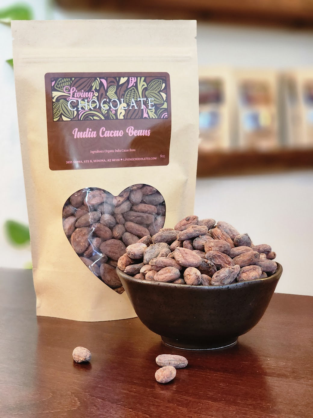 Bag and a bowl of Raw India Cacao Beans
