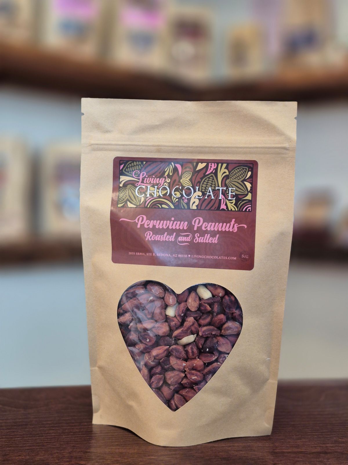 A bag of Chocot brand Peruvian peanuts, roasted and salted, with a heart-shaped window showing the peanuts inside.