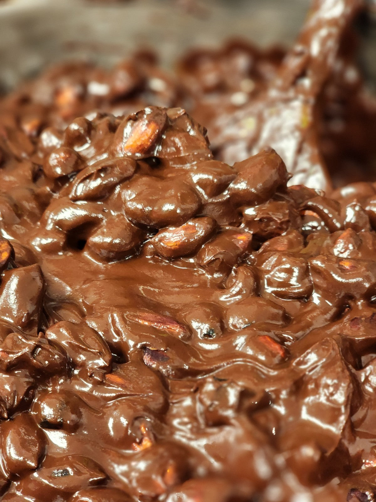 close up of peanuts in melted chocolate