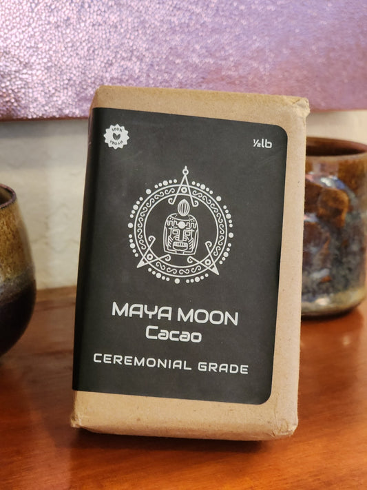 A package brick of Maya Moon Cacao Ceremonial Chocolate