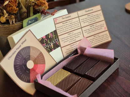 Angled view of The Connoisseur Box with six light-to-dark bars, pink tissue, a flavor wheel, and tasting notes.