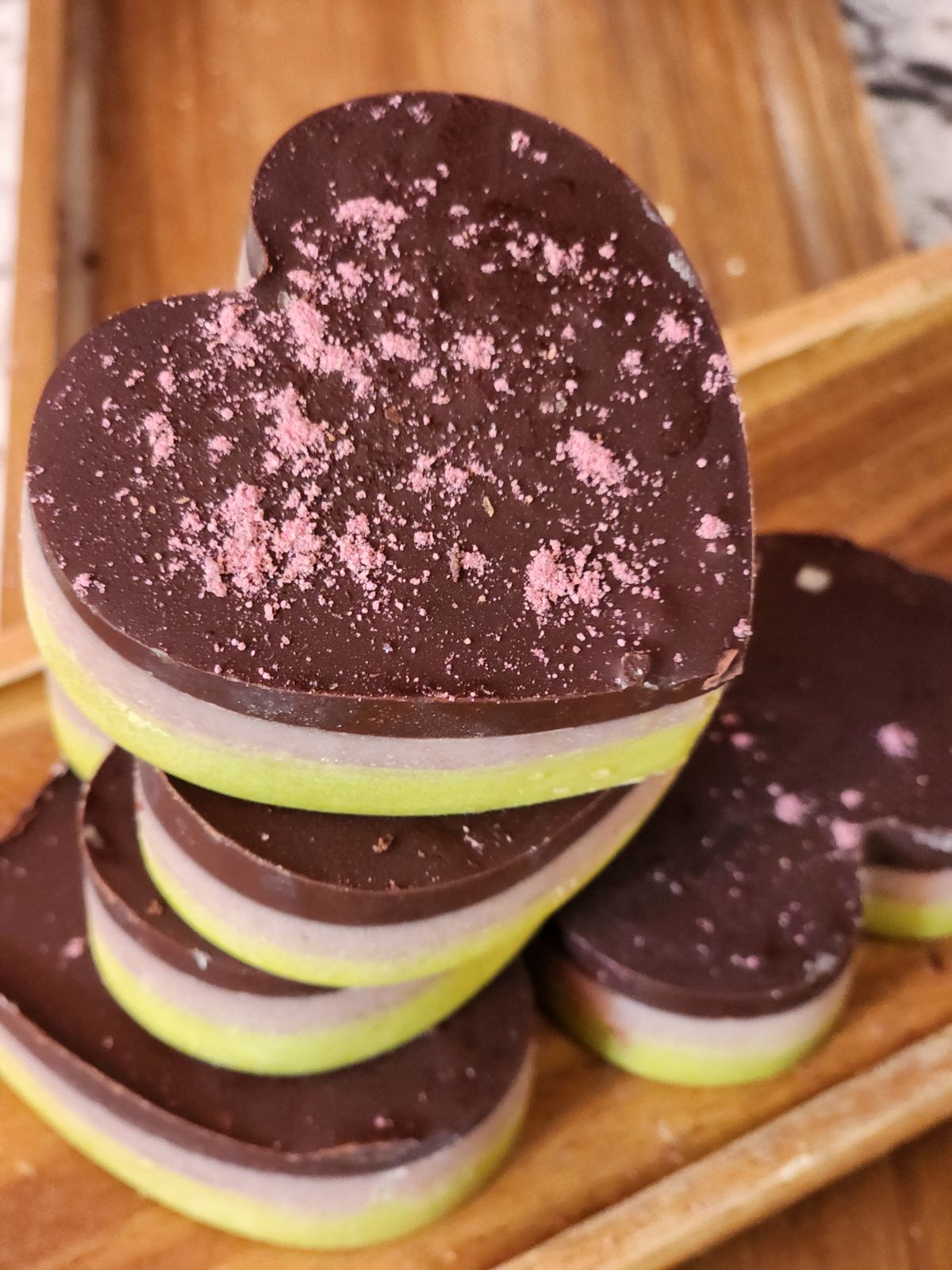 stack of 3 layered chocolate hearts