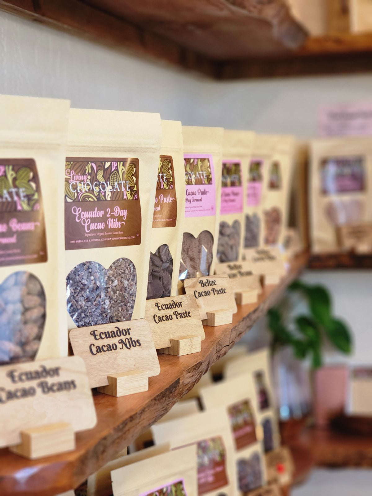 a row of a variety of bagged shelf products available inside the shop